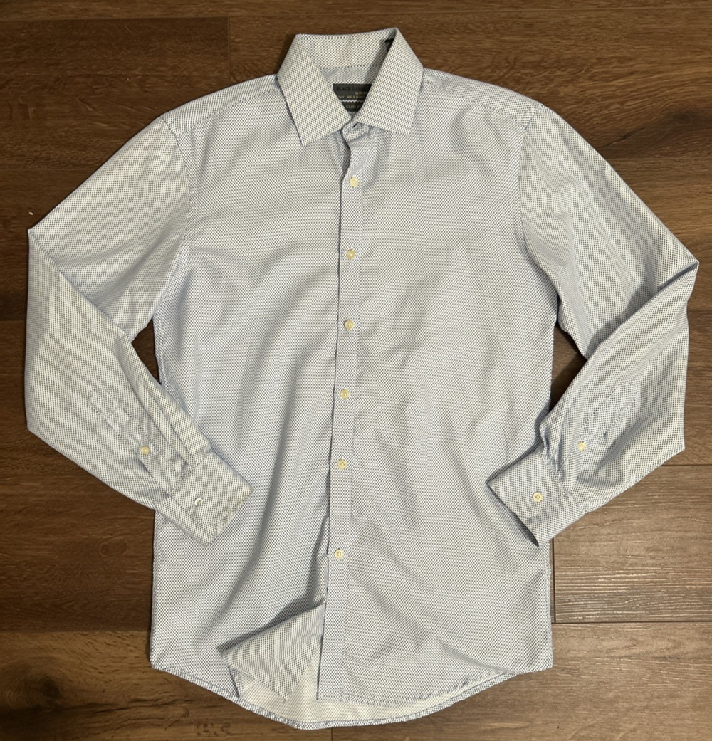 Black Label by Ruffini Shirt Men White Blue Dot Slim Fit Button-Up 14-14.5 32/33